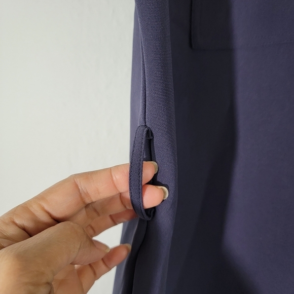 Theory Women Navy Shirt Dress Sz L Faux Silk Short Sleeve Midi Pocket High-Low - Picture 5 of 12